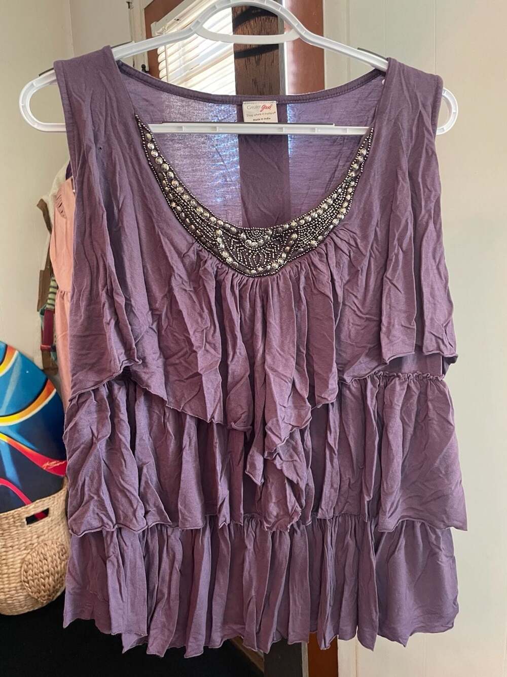 Greater Good Tiered Ruffle Tank Top with Embellished Beaded Collar